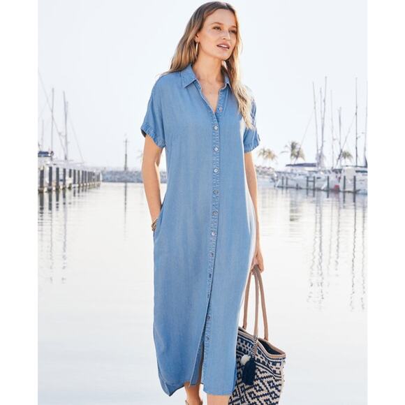 Soft Surroundings Women's S Je Veux Midi Chambray Shirtdress Blue Relax Casual - Picture 1 of 12